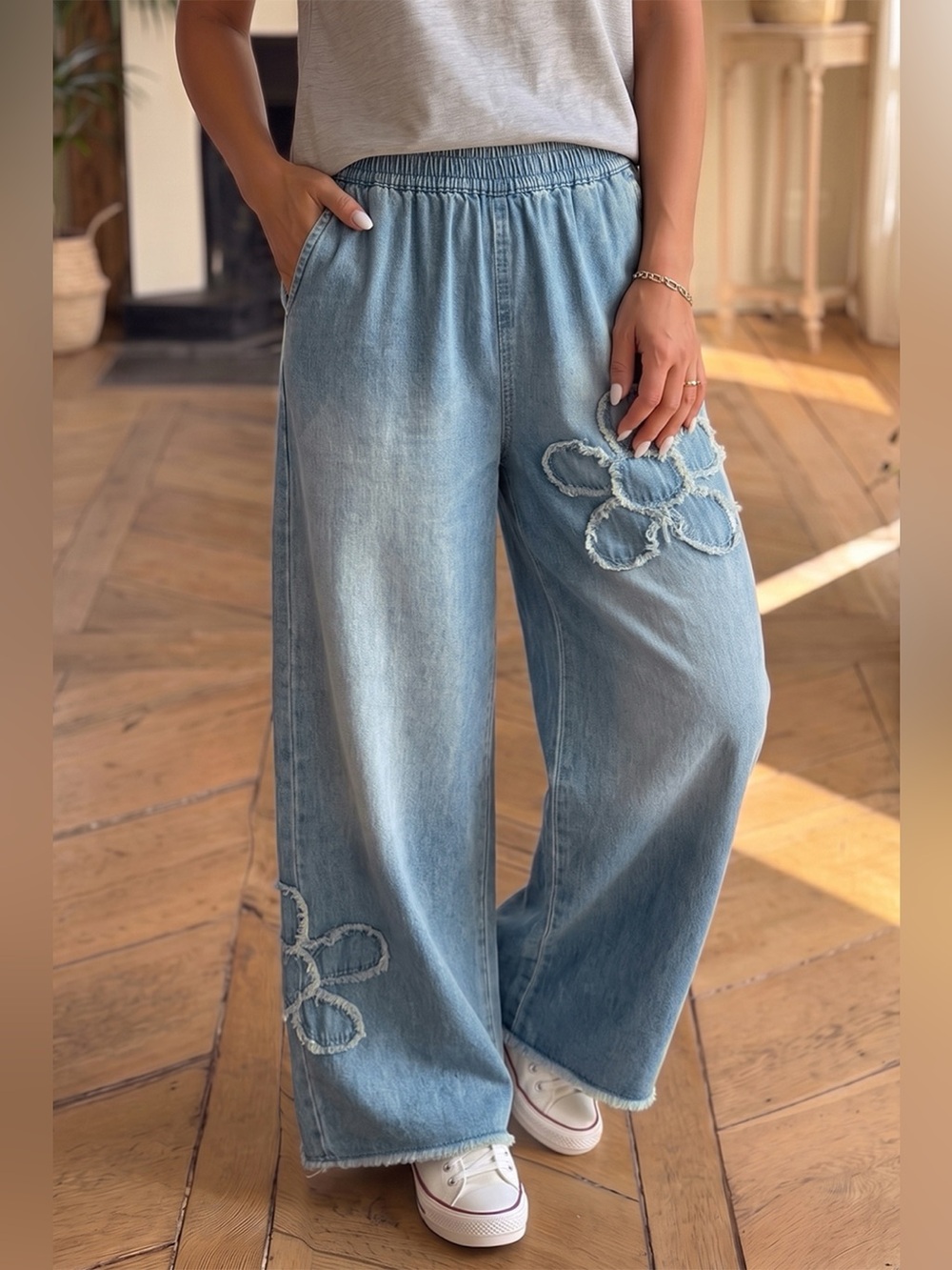 Frayed Floral Patch Wide Leg Raw Hem Wide Leg Jeans